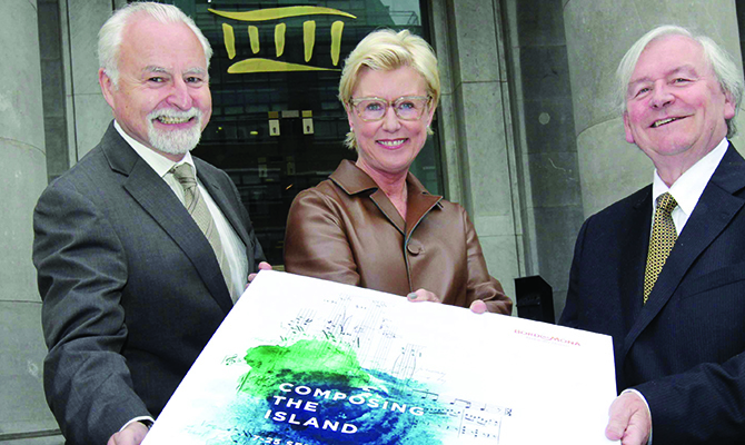 29/5/2016 Launch of Composing the Island. Pictured are, from left, Simon Taylor CEO of the National Concert Hall, Moya Doherty Chair of the RTE Board and John Horgan Chairman of Bord na Mona in front of the National Concert Hall at the launch of Composing the Island: A century of music in Ireland 1916-2016 taking place from September 7-25, with over 29 concerts being presented of orchestral, choral, instrumental, song and chamber music by Irish composers written between 1916 and 2016. www.nch.ie Photograph: Mark Stedman / Photocall Ireland