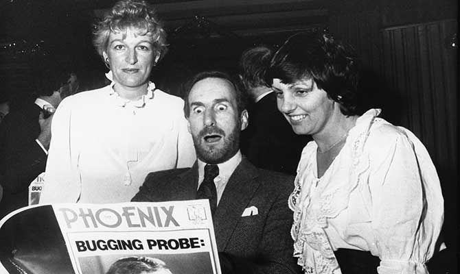 At the launch party of The Phoenix in 1983, John with long-time trusted colleague Noreen Russell (right) and Pat Moylan (left)